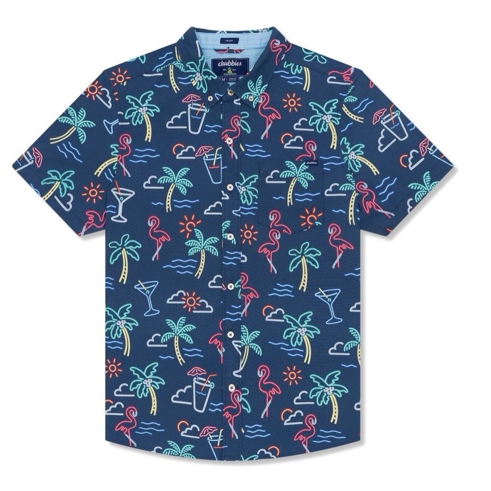Chubbies The weekend Has Arrived Neon Lights Flamingo Hawaiian Shirt Men's M